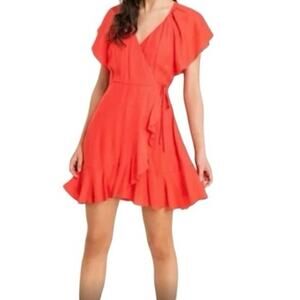 Lush hot coral orange flutter sleeve wrap Mini dress summer coquette cowgirl